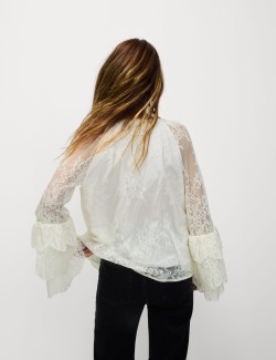 Lace Embroidered Tie Neck Blouse