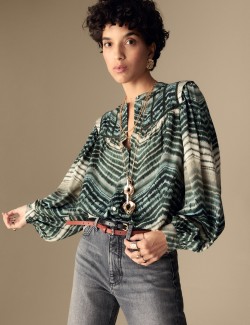 Satin Printed Button Through Blouson Sleeve Blouse