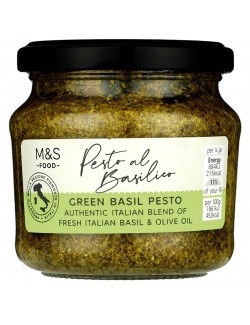 Pesto s italskou bazalkou, olivovým olejem (28 %), italským sýrem, piniovými semínky a kešú ořechy
