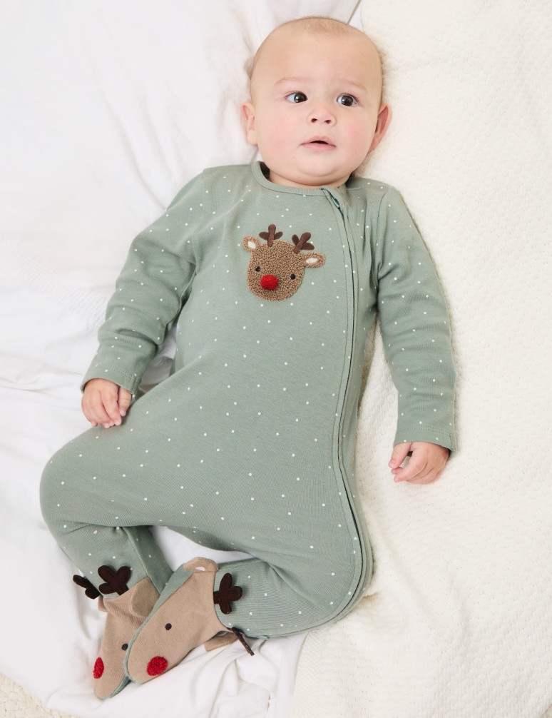 Pure Cotton Reindeer Sleepsuit (7lbs-12 Mths)