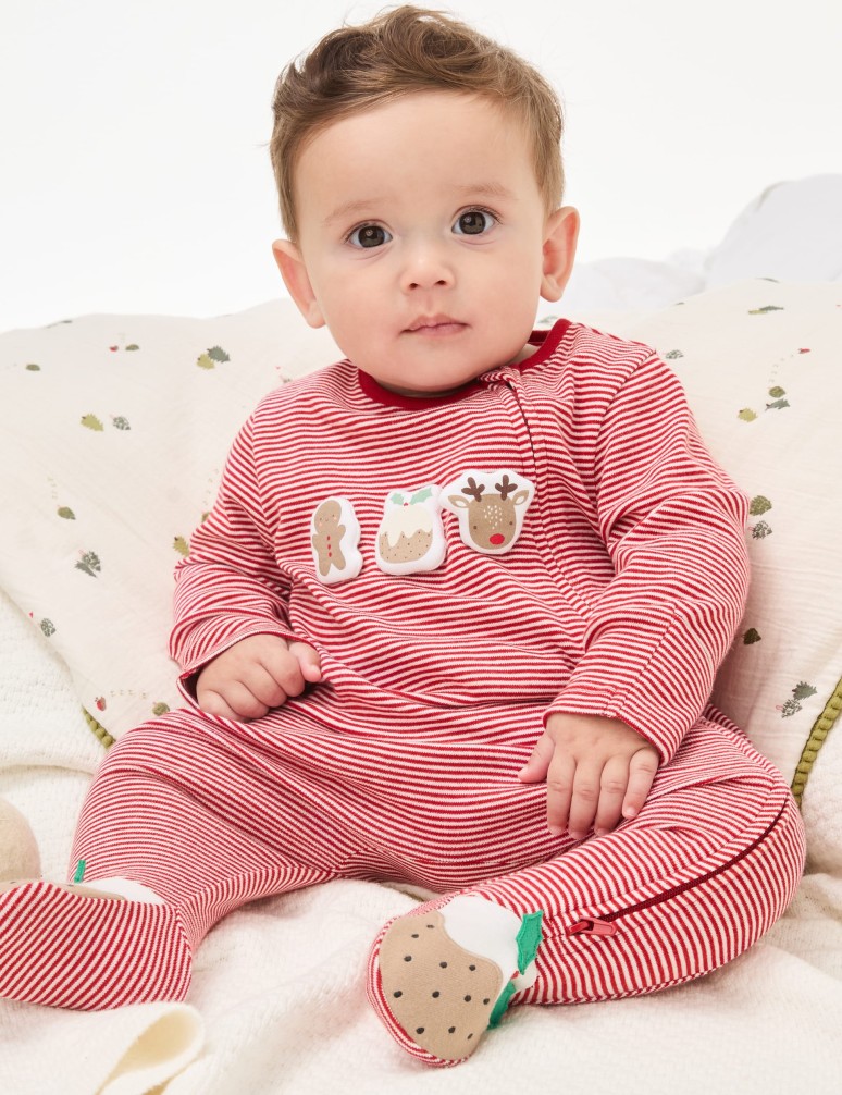 Pure Cotton Striped Festive Sleepsuit (7lbs-12 Mths)