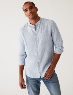 Pure Linen Striped Grandad Collar Shirt