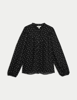 Polka Dot Frill Neck Button Through Blouse