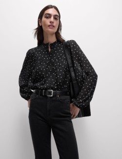 Polka Dot Frill Neck Button Through Blouse