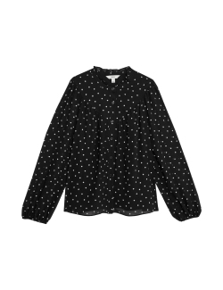 Polka Dot Frill Neck Button Through Blouse