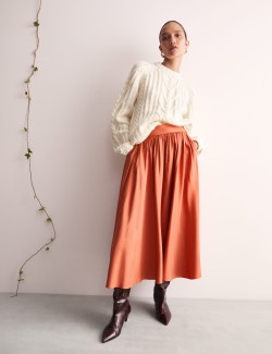 Pleated Twill Midi A-Line Skirt