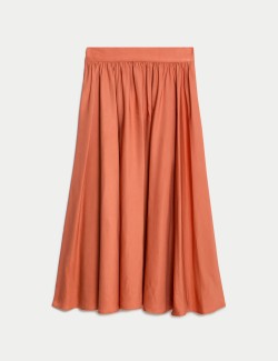 Pleated Twill Midi A-Line Skirt