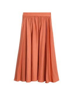 Pleated Twill Midi A-Line Skirt