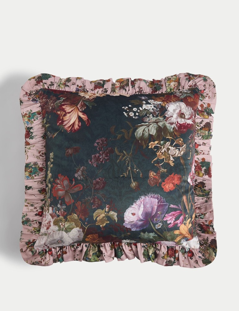 Velvet Floral Ruffle Trim Cushion