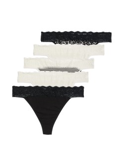 5pk Cotton & Lace Printed Thongs