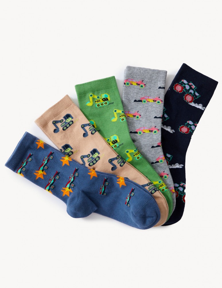 5 párů ponožek s dopravními motivy a vysokým podílem bavlny