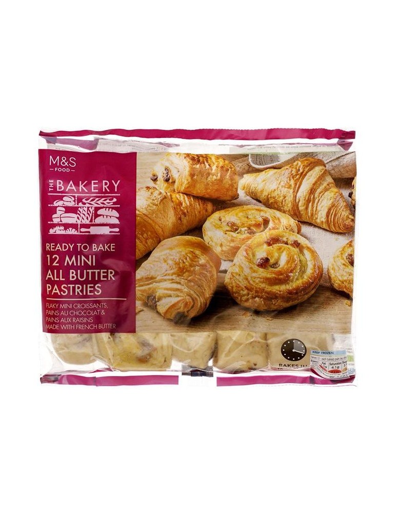 12 kusů sladkého francouzského pečiva z máslového listového těsta určené k pečení: pains au chocolat, pains aux raisins a croiss