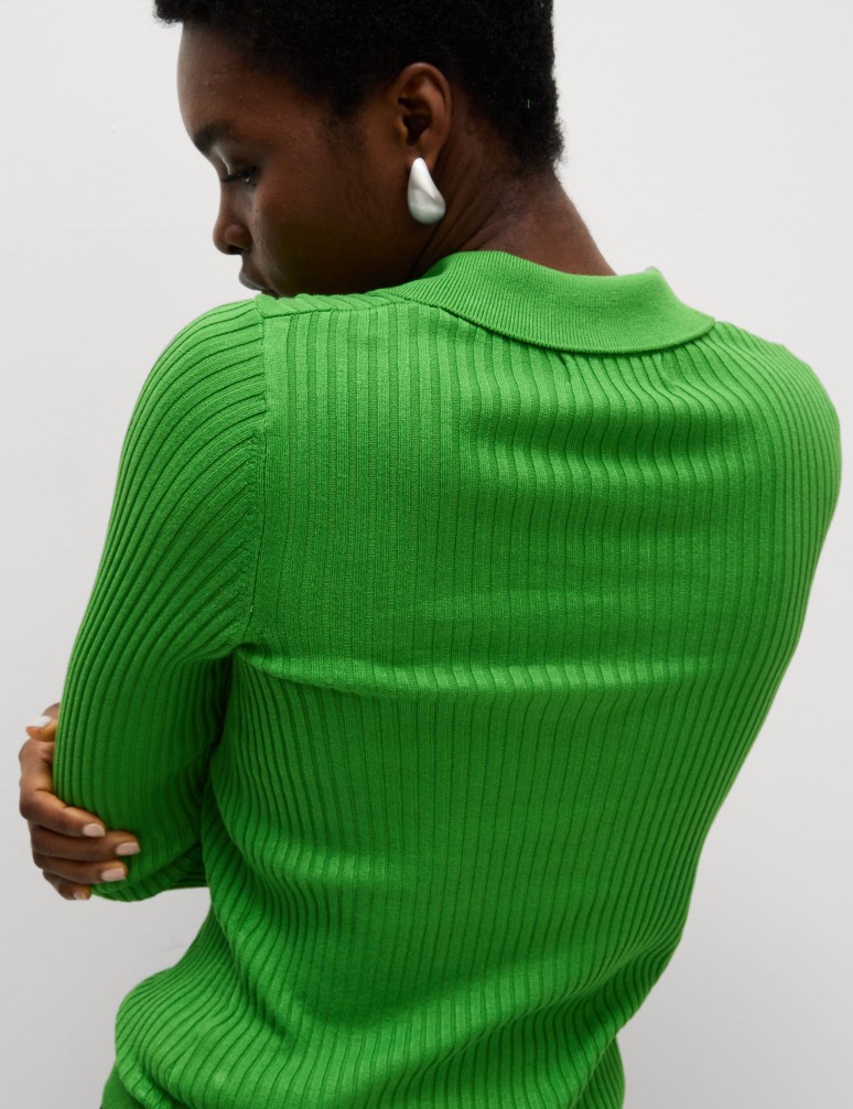 Ribbed Collared Button Detail Knitted Top