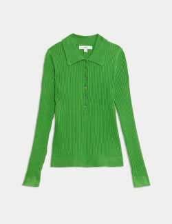 Ribbed Collared Button Detail Knitted Top