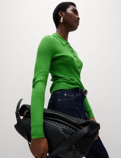 Ribbed Collared Button Detail Knitted Top