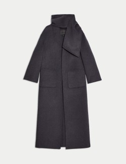 Wool Blend Longline Wrap Coat With Scarf