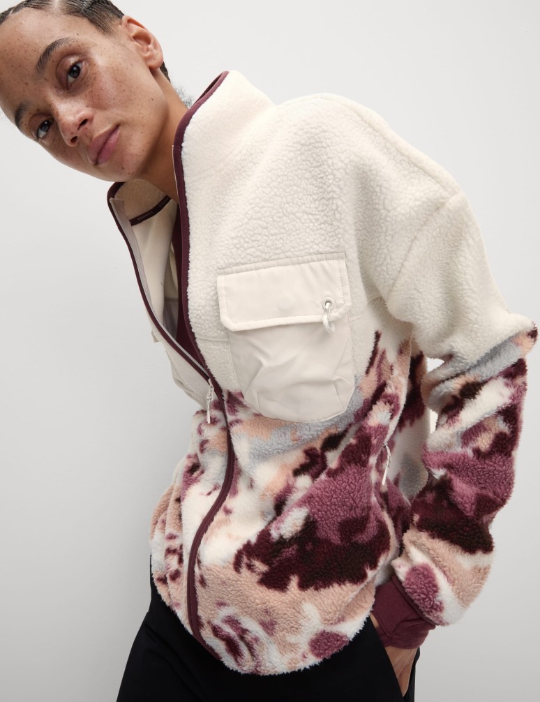 Borg Printed Funnel Neck Zip Up Fleece Jacket