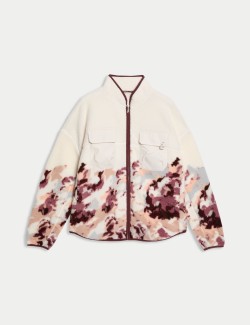 Borg Printed Funnel Neck Zip Up Fleece Jacket