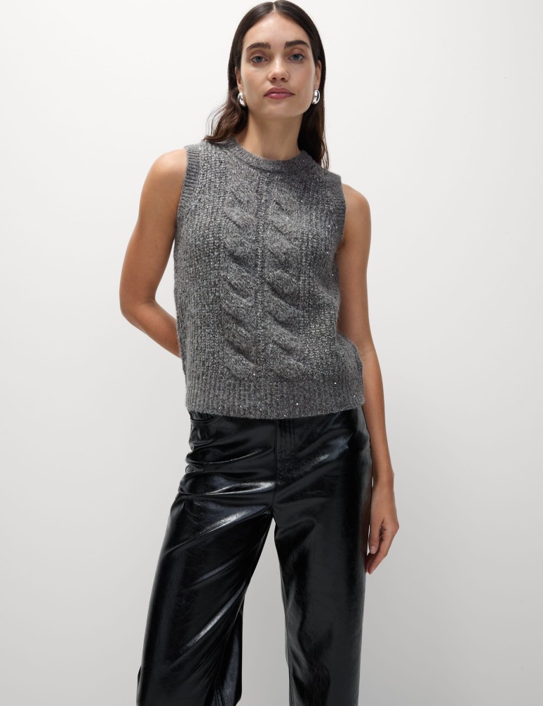 Cable Knit Sequin Knitted Vest with Wool