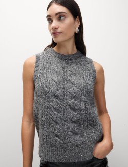 Cable Knit Sequin Knitted Vest with Wool