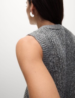 Cable Knit Sequin Knitted Vest with Wool