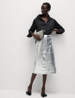 Leather Look Metallic Midi A-Line Skirt