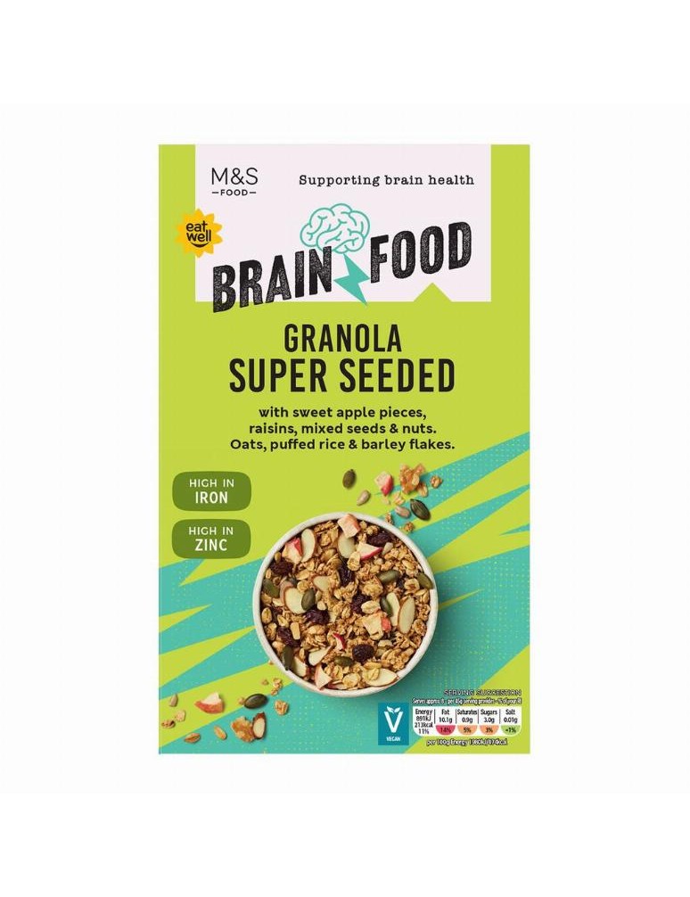 Směs pečených celozrnných ovesných vloček, jader mandlí, vlašských ořechů a semínek se skořicovou příchutí, s rozinkami a kousky