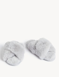 Faux Fur Crossover Slider Slippers