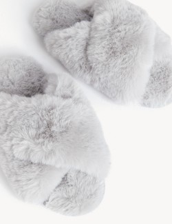 Faux Fur Crossover Slider Slippers